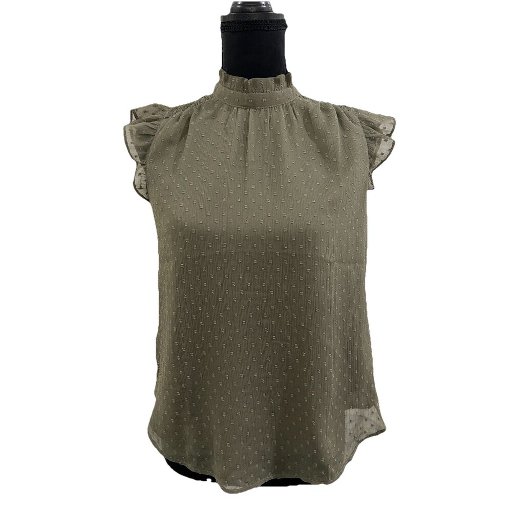 LOFT Womens XSP Top Green Clip Dot Ruffle Mock Neck Flutter Sleeve Lining